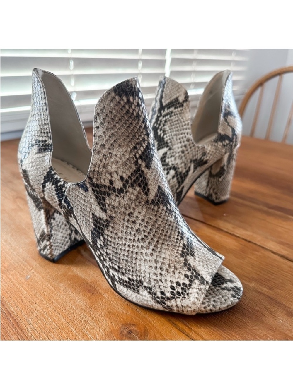 Cole Haan Snake Print Leather Peep Toe Block Heel Booties Size 6.5B Statement